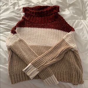 Tri-Color Turtleneck Chenile Sweater